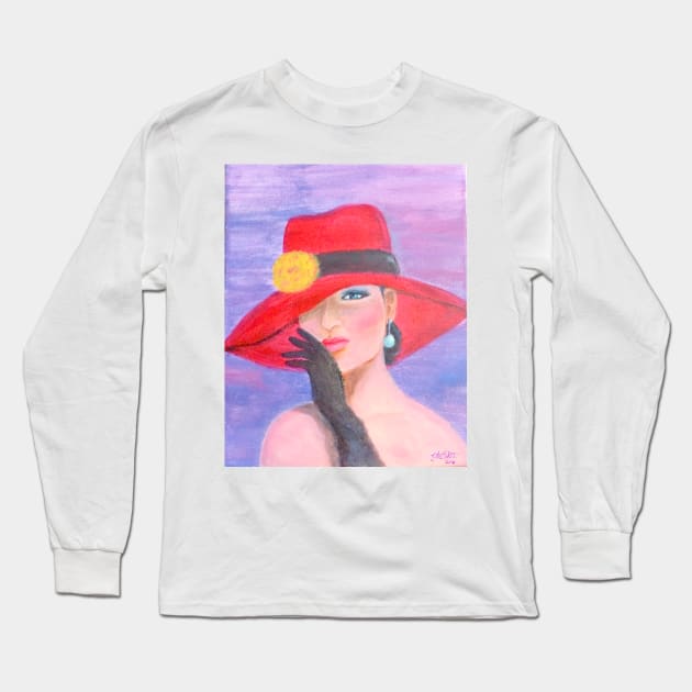 Incognito. Elegant lady wearing a red hat Long Sleeve T-Shirt by JedethDT